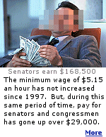 When the 25� per hour minimum wage was established in 1938, congressmen earned $10,000 a year, 10 times what the average wage earner made. That ratio is now about 15 times as much as the average wage earner.