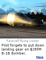 It cost $8 million to repair this B-1B Bomber after the pilot forgot to put down the landing gear. On May 8, 2006, a 7th Bomb Wing B-1B Lancer made a wheels-up belly landing at Diego Garcia, skidding 7,500 feet down the runway and catching fire. The four-person aircrew escaped from the plane through the overhead escape hatch.