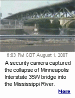 A security camera captures the collapse of the Interstate 35W bridge over the Mississippi River in Minneapolis during evening rush hour on August 1, 2007.