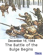 The Battle of the Bulge begins. Hitler sends a quarter million troops across an 85-mile stretch of the Allied front, from southern Belgium into Luxembourg. In deadly cold weather, German troops advance 50 miles into the Allied lines, creating a deadly ''bulge'' pushing into Allied defenses.