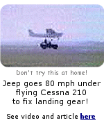 Mechanic in Jeep going 80 mph under flying Cessna 210, is able to use pole to fix landing gear.