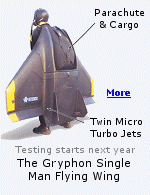 In mythology, the Gryphon was a fabled monster, having the head and wings of an eagle and the body of a lion.  A paratrooper wearing this can jump from 33,000 ft. and fly 250 mph for up to 100 miles.