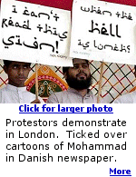 Demonstrators in London upset over cartoons of Mohammad in a Danish newspaper.