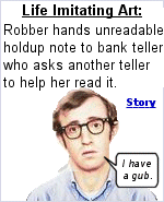 Remember the movie ''Take The Money And Run''? Teller reading note: ''I have a gub?''  Woody Allen: ''That's GUN, I have a GUN.''  Teller: ''It looks like gub, I have a gub''.