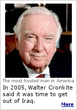 Walter Cronkite says it is time to get out of Iraq. Former CBS anchor Walter Cronkite, whose 1968 conclusion that the Vietnam War was unwinnable keenly influenced public opinion then, said Sunday he'd say the same thing today about Iraq. In 1968, when President Lyndon Johnson saw and heard Cronkite say this on the evening news, he turned to an aide and said ''If I've lost Cronkite, I've lost middle America''.